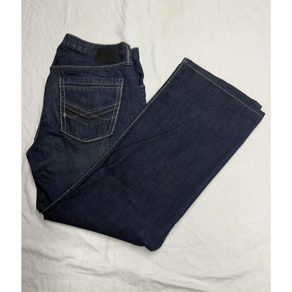 BKE Derek Jeans Mens 34R X29) Blue Denim Relaxed Bootcut Distressed